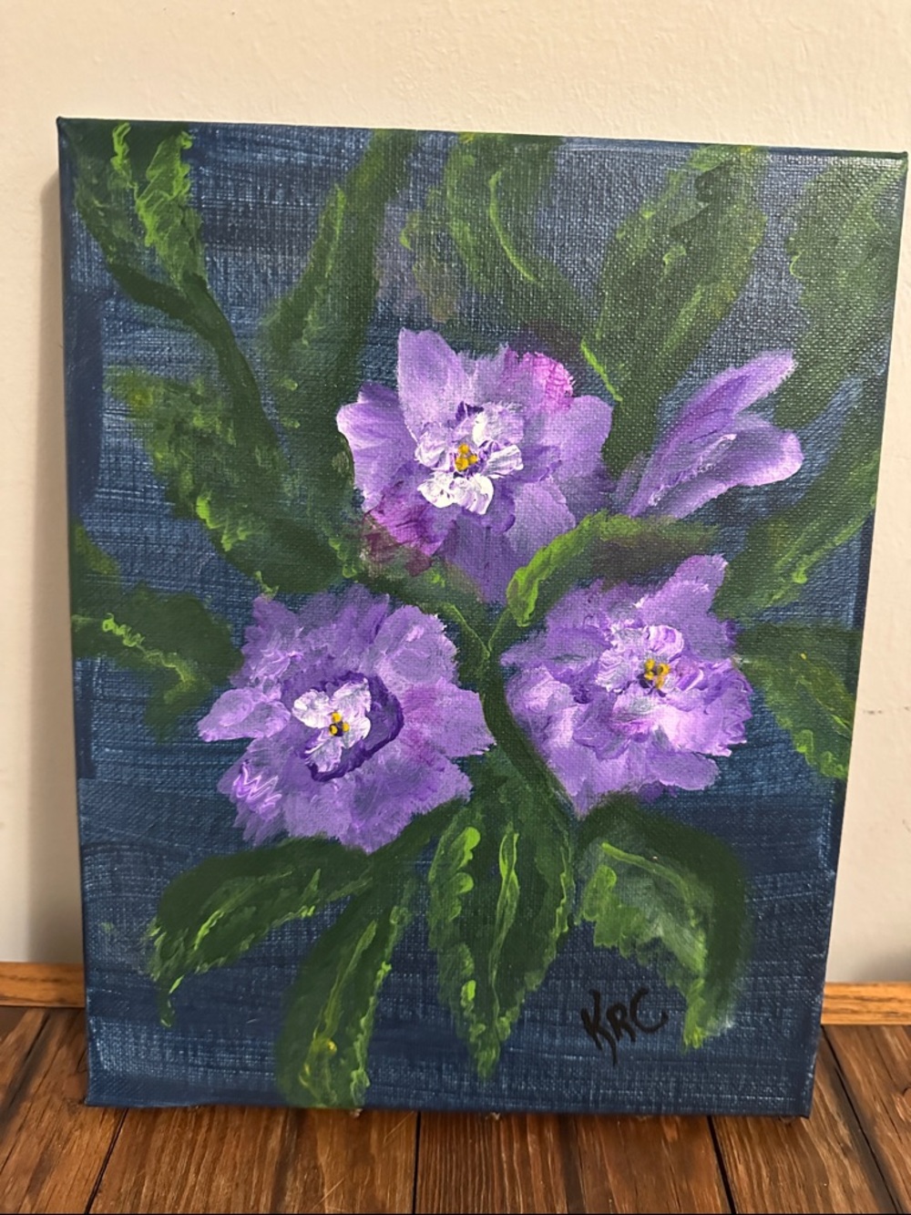Purple Floral Canvas Painting with Green Foliage